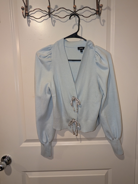 Express Tops - Women's Light Baby Blue Rhinestone Bow Cardigan Top Long Sleeve